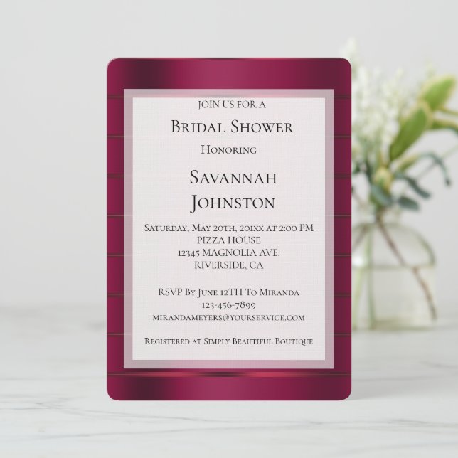 Red Burgundy Glam Ribbon Bridal Shower Invitation (Standing Front)