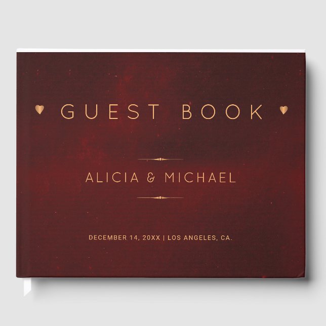Red burgundy gold copper glam winter wedding guest book (Front)