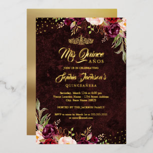 Red Burgundy Gold Floral Quinceanera 
