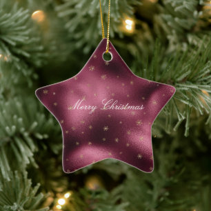 Red Burgundy Gold Glitter Snowflakes Ceramic Ornament