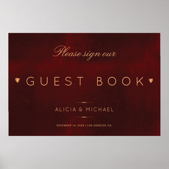 Red burgundy gold guest book wedding sign (Front)