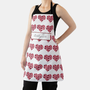 Red Burgundy Hearts Pattern Calligraphy Monogram Apron