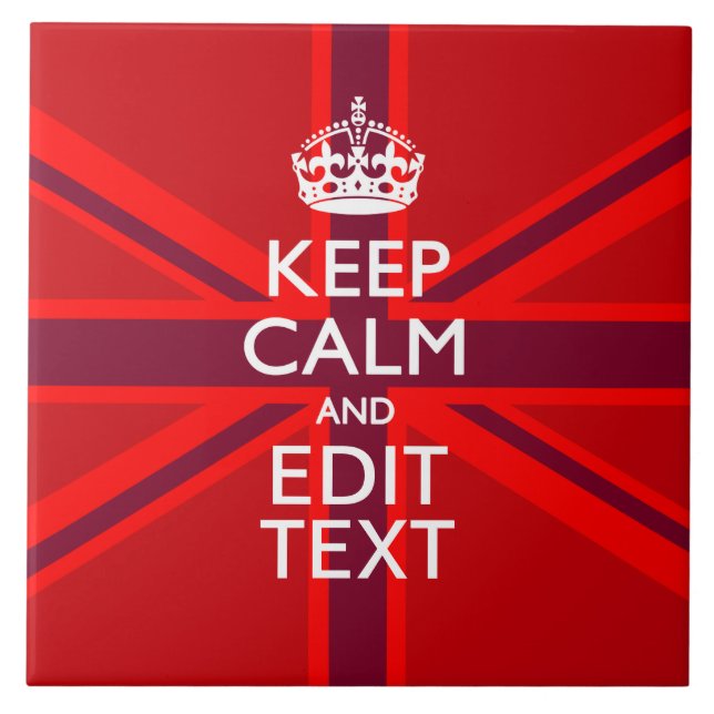 Red Burgundy Keep Calm Your Text Union Jack Flag Tile (Front)