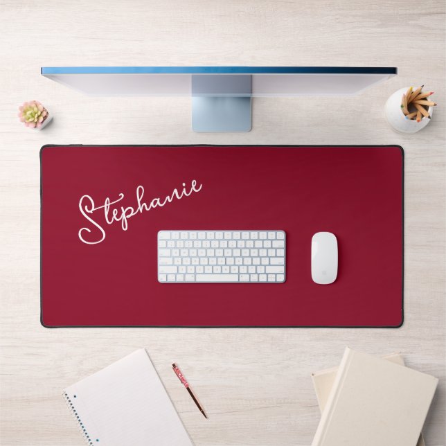 Red Burgundy Minimalist Personalised Script Name  Desk Mat (Office 1)