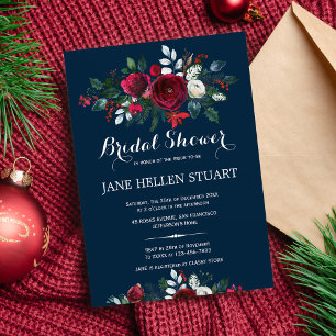 Red burgundy navy blue winter floral bridal shower invitation