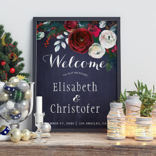 Red Burgundy Navy Blue Winter Wedding Welcome Sign