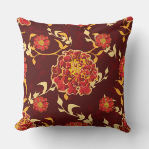 Red Burgundy Orange Floral Print Throw Pillow