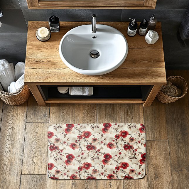 Red Burgundy Pink Flower Buds Pattern Bath Mat (Creator Uploaded)