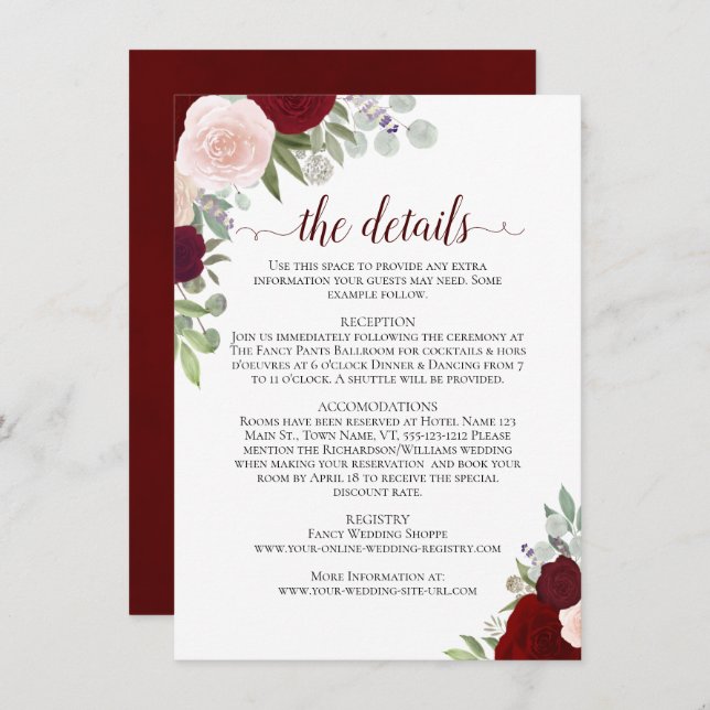 Red Burgundy & Pink Roses Rustic Wedding Details Enclosure Card (Front/Back)