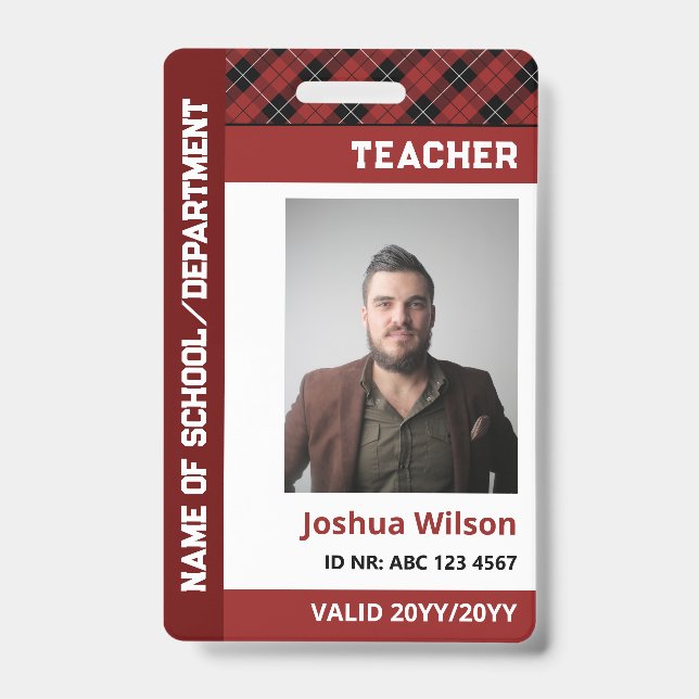 Red Burgundy Plaid Photo ID School Teacher Badge (Front)