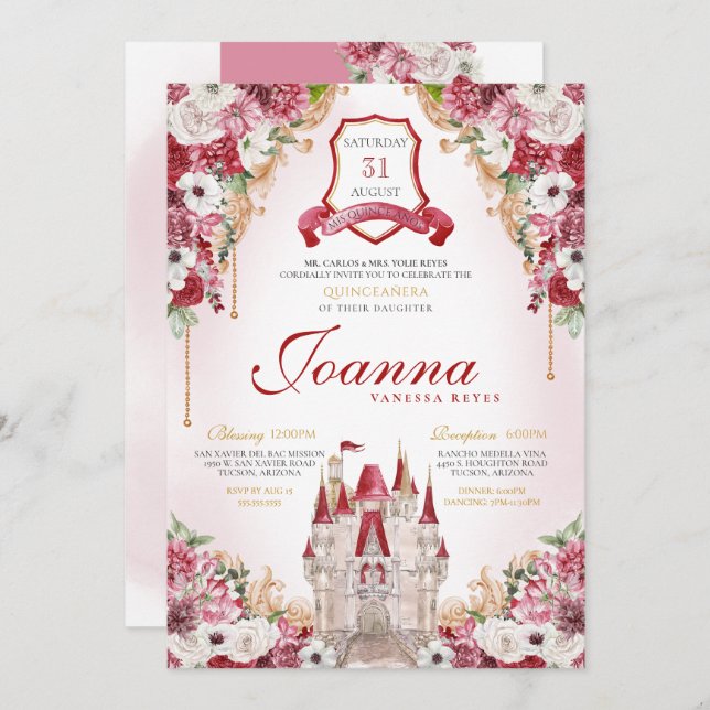 Red Burgundy Princess Castle Royal Quinceanera Invitation (Front/Back)