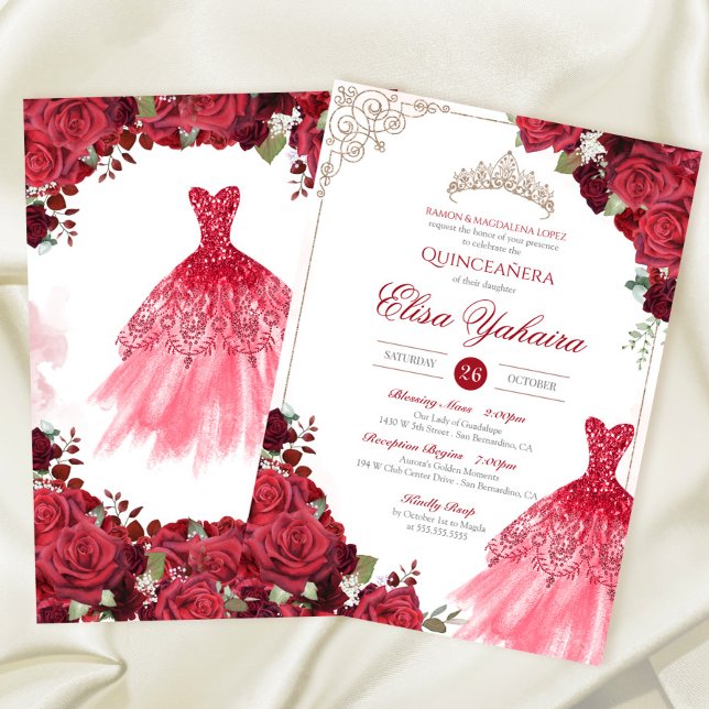 Red Burgundy Rose Elegant Sparkle Quinceanera  Invitation (Creator Uploaded)