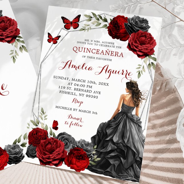 Red Burgundy Roses Black Dress Quinceañera Invitation (Creator Uploaded)