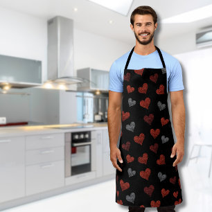 Red Burgundy Silver Glitter Hearts on Black Apron