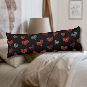 Red Burgundy Silver Glitter Hearts on Black Body Cushion