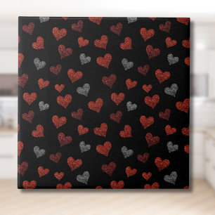 Red Burgundy Silver Glitter Hearts on Black Ceramic Tile