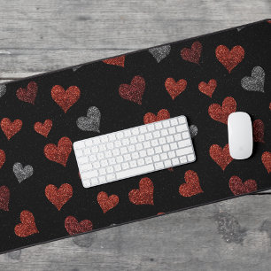 Red Burgundy Silver Glitter Hearts on Black Desk Mat