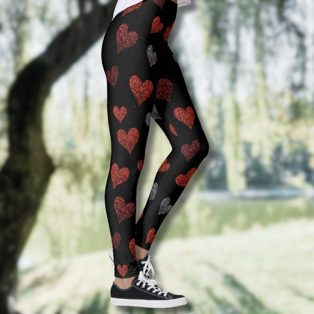 Red Burgundy Silver Glitter Hearts on Black Leggings (Creator Uploaded)