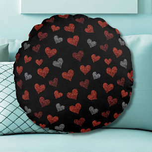 Red Burgundy Silver Glitter Hearts on Black Round Cushion