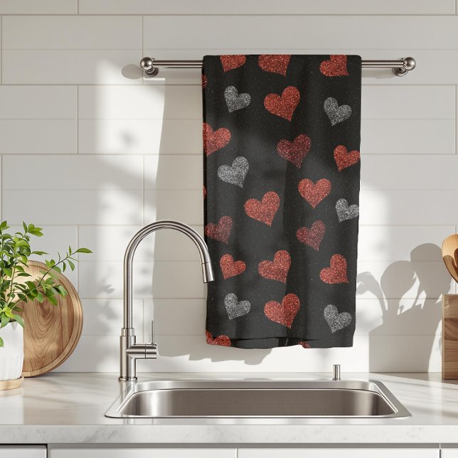 Red Burgundy Silver Glitter Hearts on Black Tea Towel (Creator Uploaded)