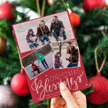 Red burgundy snowing Christmas blessings 3 photos Holiday Card<br><div class="desc">Family seasonal holiday greetings three framed photos card on a red burgundy paper like background with falling snow and "Christmas Blessings" white typography script.        Easy to personalise with your photos and signature!</div>