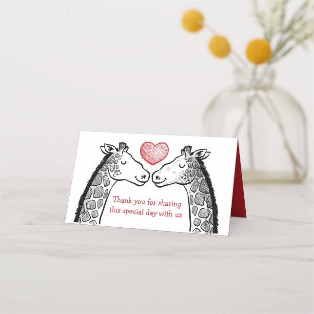 Red Burgundy Thank You Giraffe Love Wedding Party Place Card (Front)