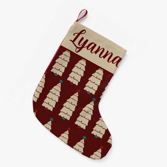 Red Burgundy Tree Pattern Retro Cosy Christmas Small Christmas Stocking (Front (Hanging))