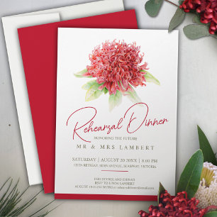 Red burgundy waratah floral rehearsal dinner invitation