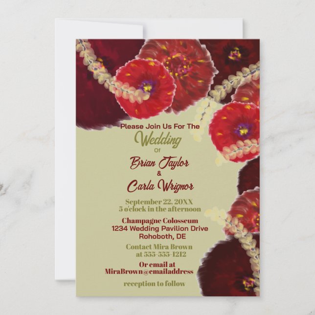 Red & Burgundy Watercolor Boho Wheat Wedding Invitation (Front)