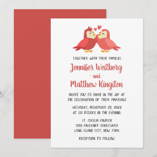 Red Burgundy Wedding Lovebirds Cute Birds Modern Invitation