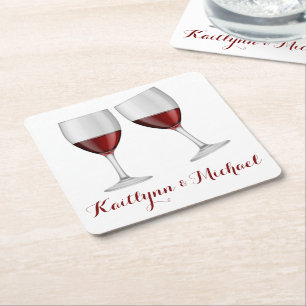 Red Burgundy Wine Champagne Glasses Wedding Party Square Paper Coaster