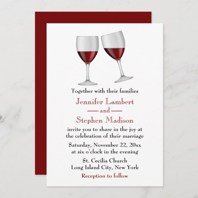 Red Burgundy Wine Glasses Wedding Party Invitation (Front/Back)