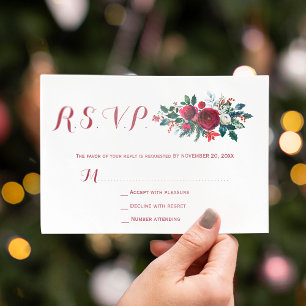 Red burgundy winter peonies floral wedding RSVP Card