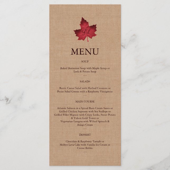 Red Burlap Monogrammed Menu (Front)