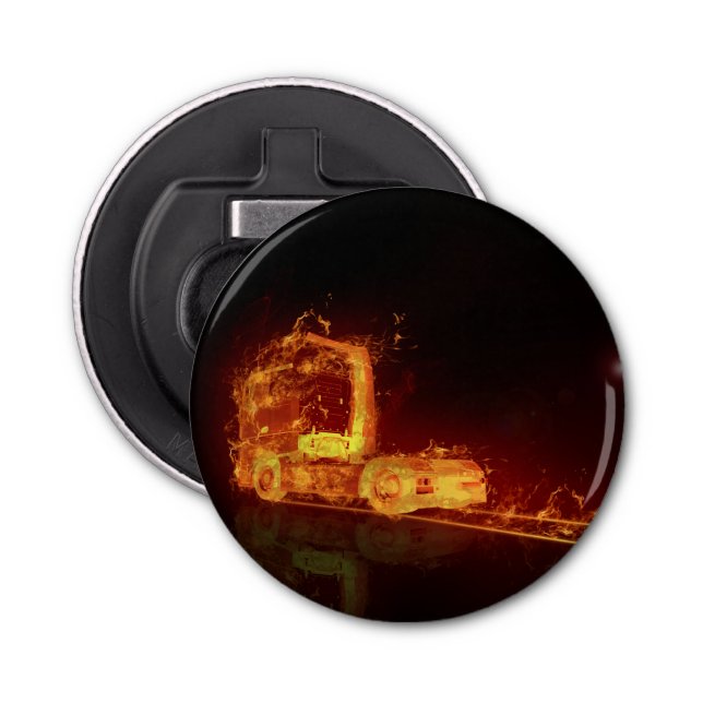 Red Burning Truck in Fire Flames Bottle Opener (Front)