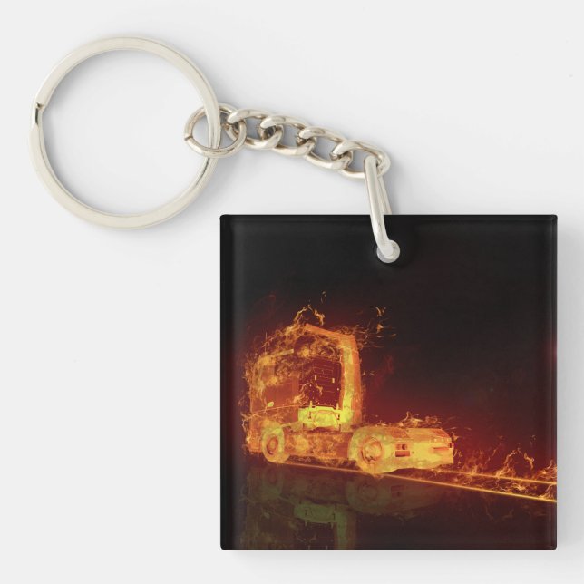 Red Burning Truck in Fire Flames Key Ring (Front)