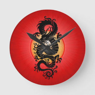 Red Burst Chinese Dragon Round Clock