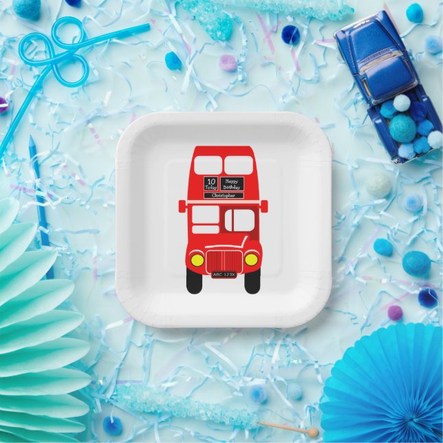 Red Bus Design Birthday Party Paper Plate (Party)