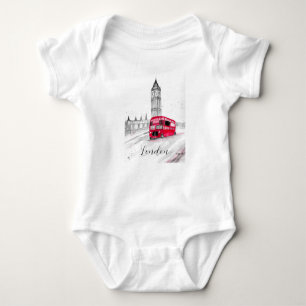 Red bus London Vintage watercolor England Baby Bodysuit