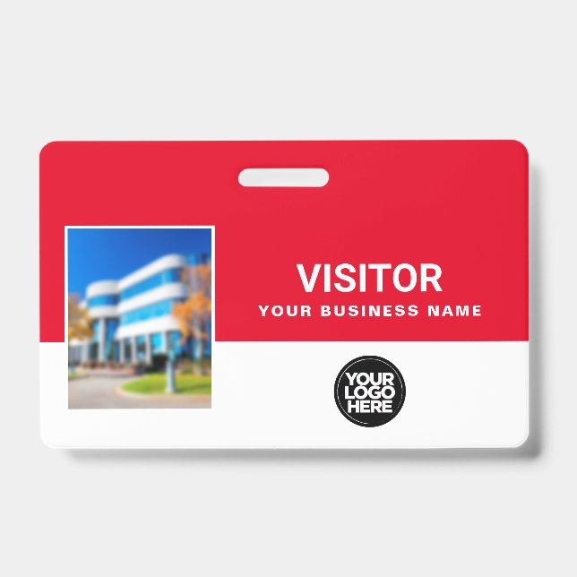 Red Business Visitor Photo Bar Code, Logo Lanyard ID Badge (Front)