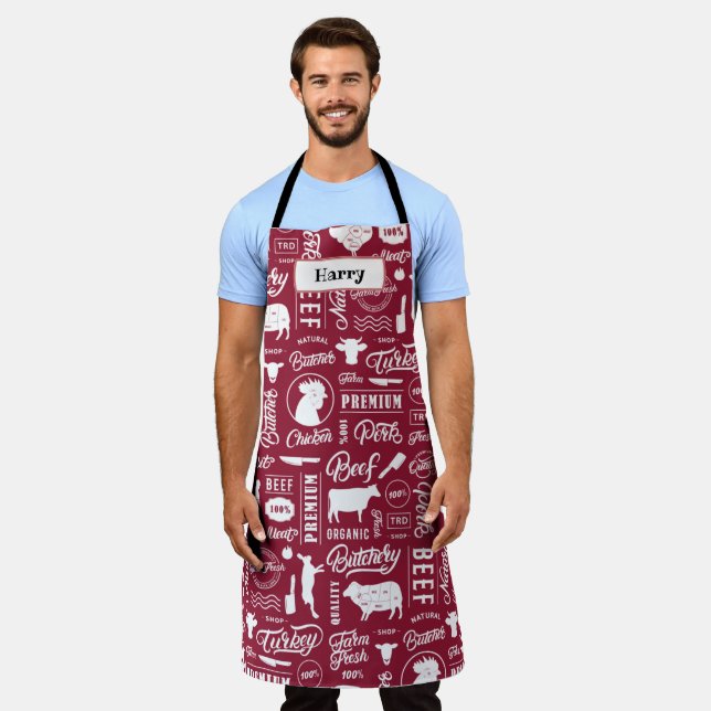 Red Butchers Cuts All-Over Print Apron (Worn)