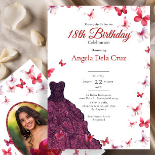 Red Butterflies Elegant Dress 18th Birthday Debut Invitation