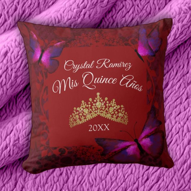 Red Butterflies, Gold Tiara Quinceanera Pillow (red and gold quinceanera throw pillow, mis quince keepsake, gift for red quinceanera theme)