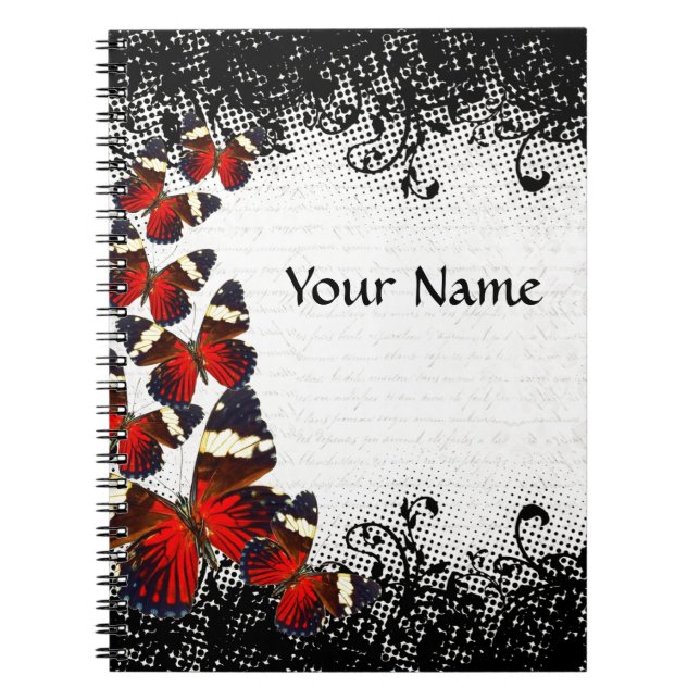 Red butterflies on black lace notebook (Front)