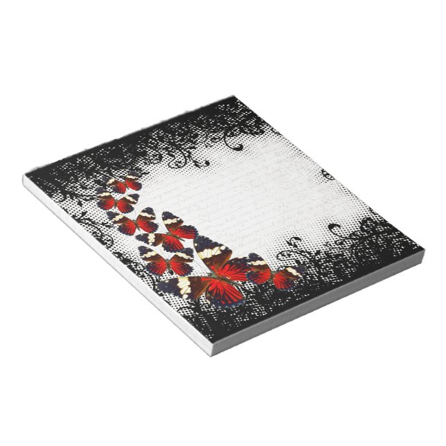 Red butterflies on black lace notepad (Angled)