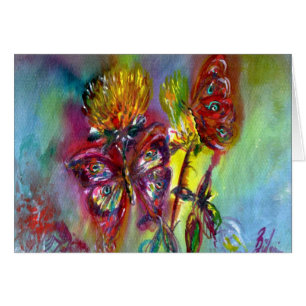 RED BUTTERFLIES ON YELLOW THISTLES,BLUE SKY Floral