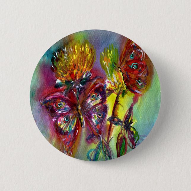 RED BUTTERFLIES ON YELLOW THISTLES,BLUE SKY Floral 6 Cm Round Badge (Front)
