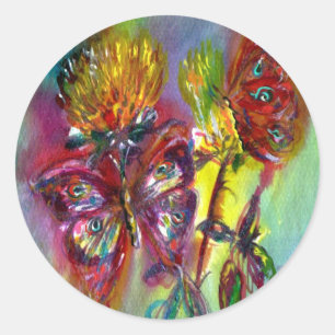 RED BUTTERFLIES ON YELLOW THISTLES,BLUE SKY Floral Classic Round Sticker