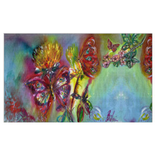 RED BUTTERFLIES ON YELLOW THISTLES,BLUE SKY Floral Fabric