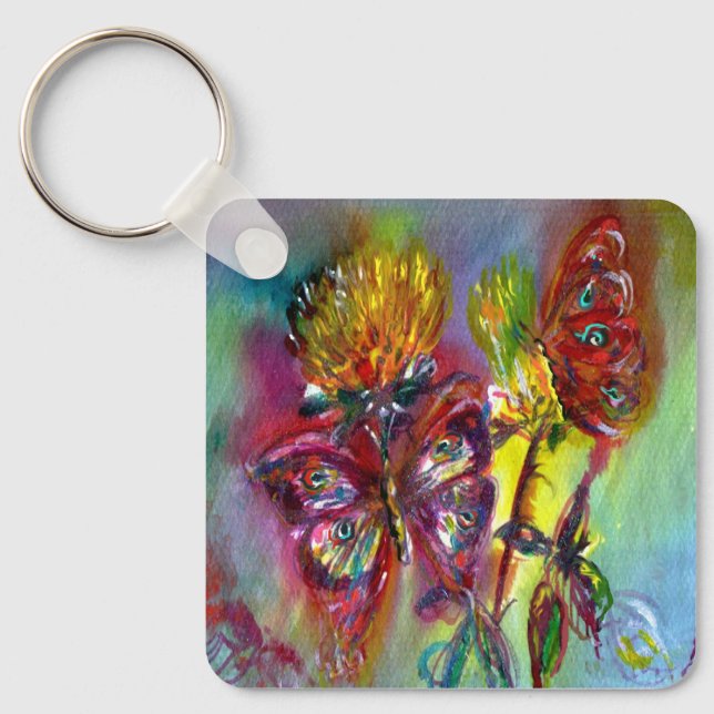 RED BUTTERFLIES ON YELLOW THISTLES,BLUE SKY Floral Key Ring (Front)